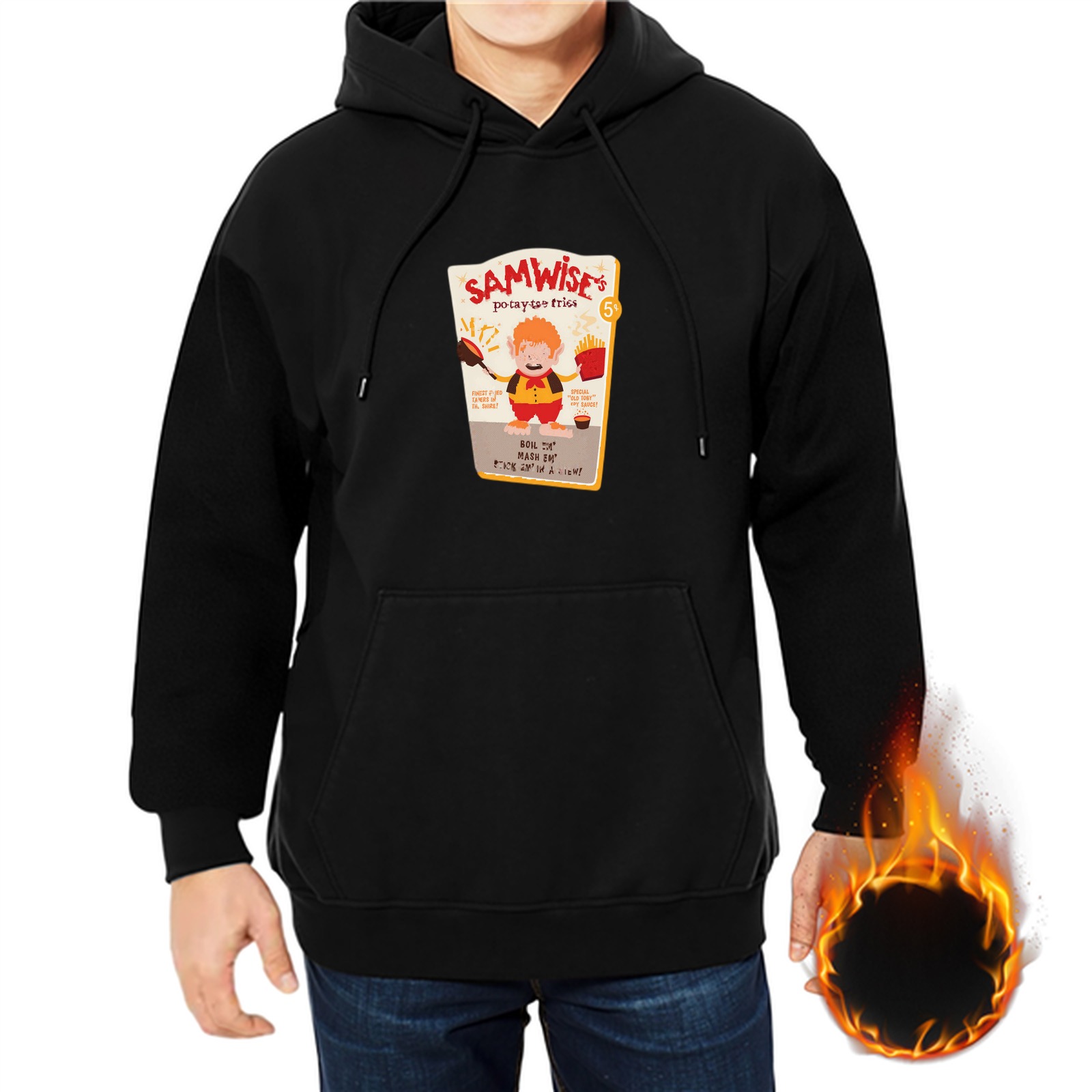 Black hoodie with Samwise's potato-themed graphic print