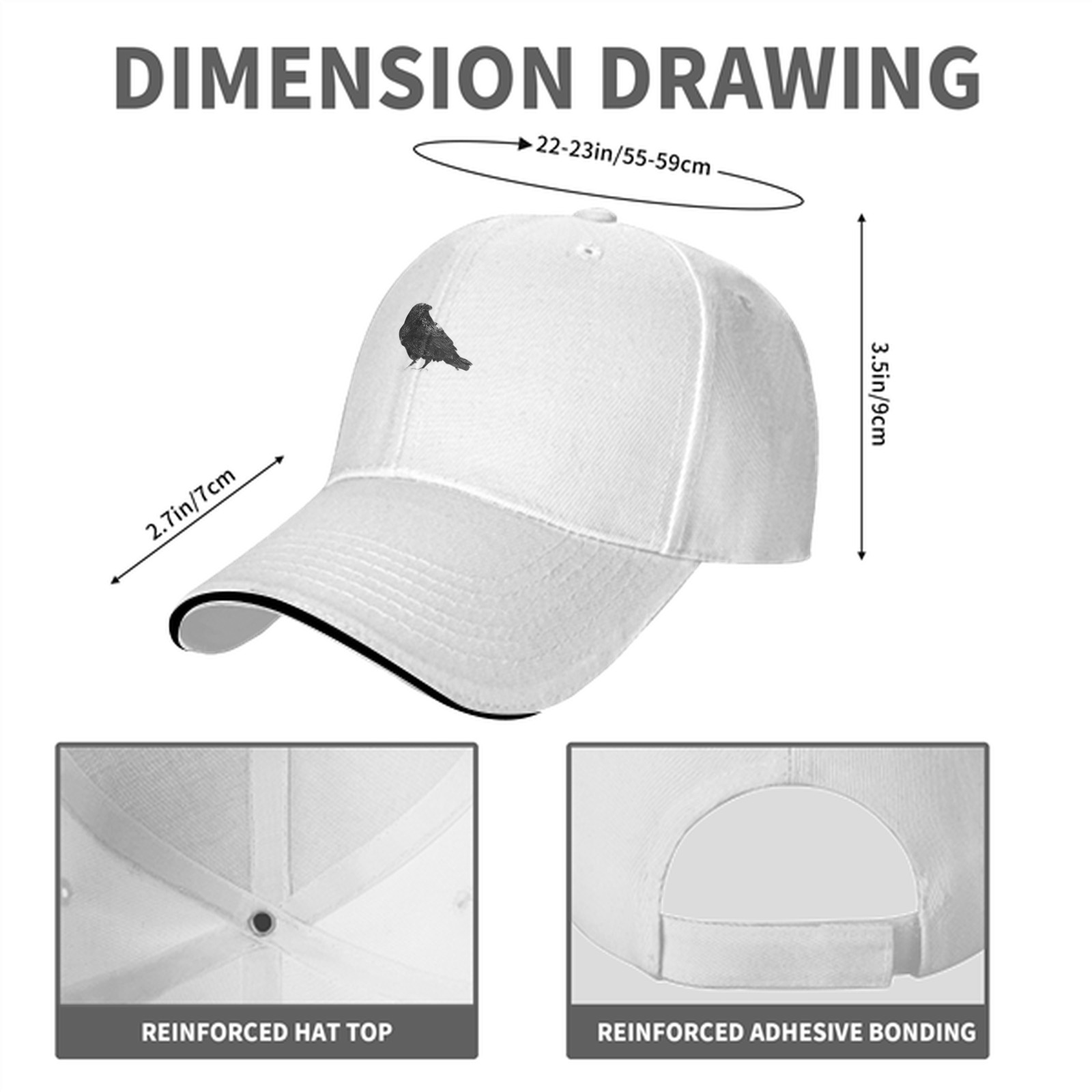 Black Baseball Cap With Detailed Crow Silhouette Design