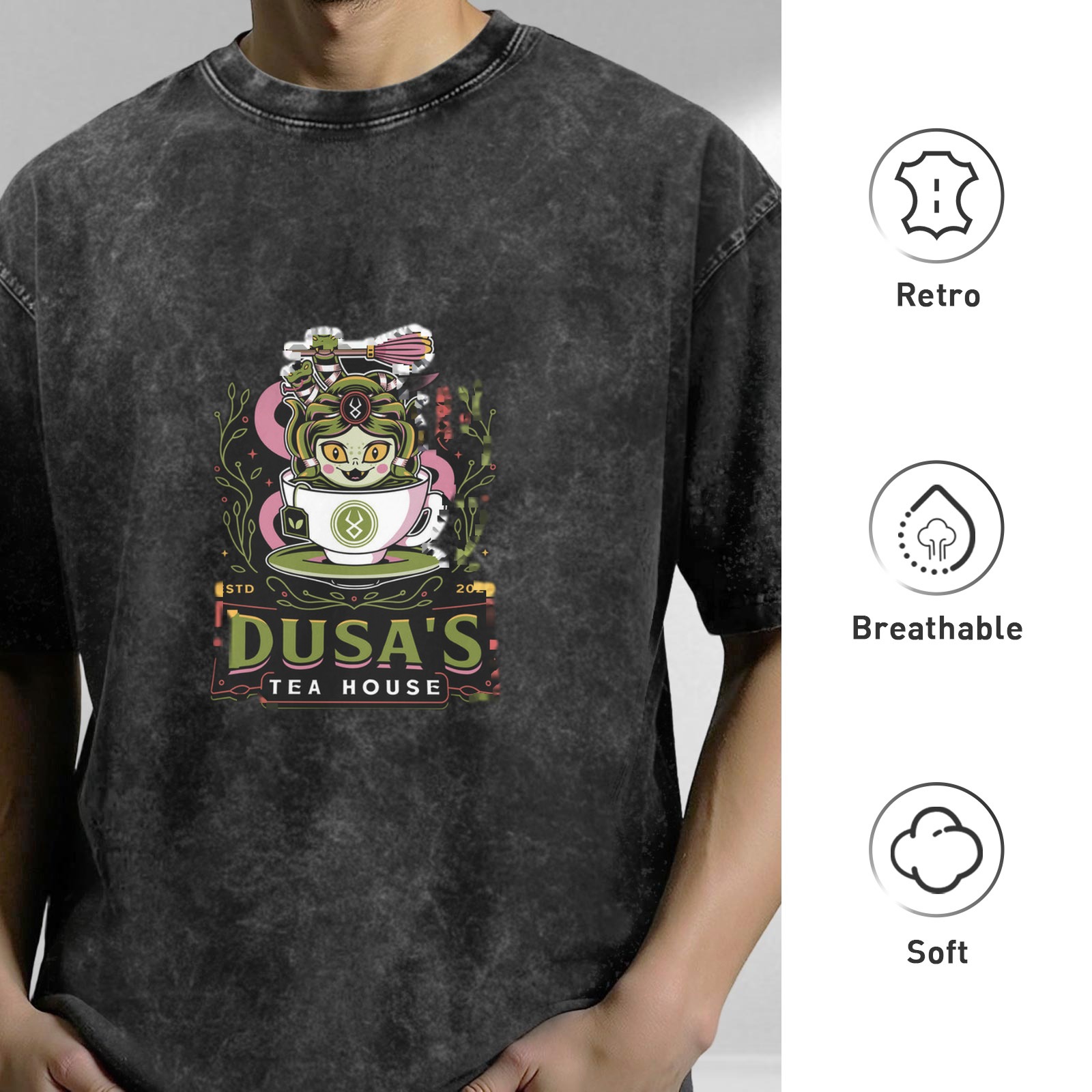 Dusa's Tea House Graphic Washed Black T-Shirt