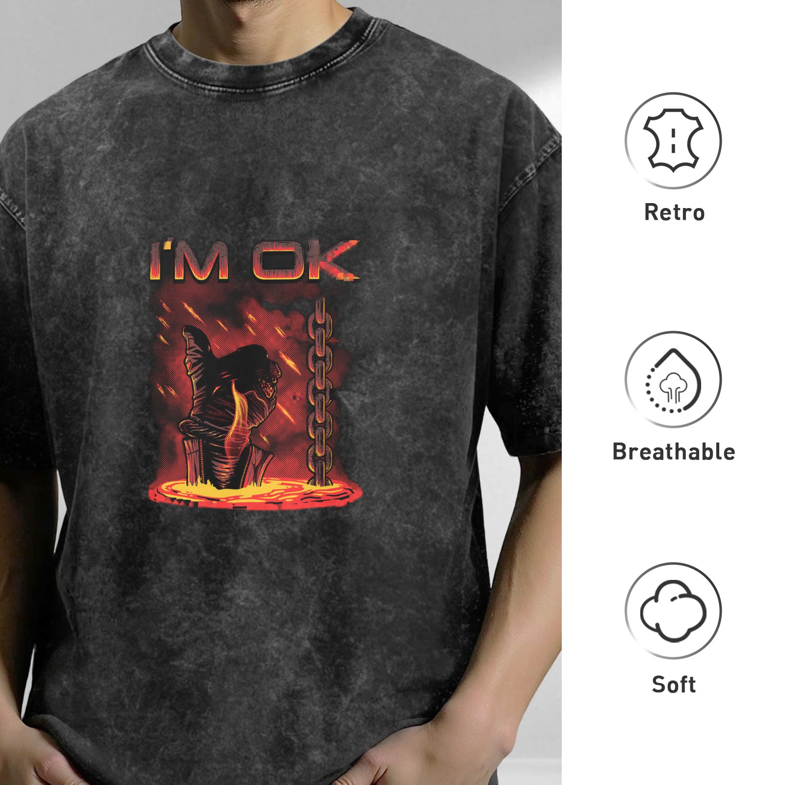 Washed Black Graphic T-Shirt with I'm OK Lava Hand Design