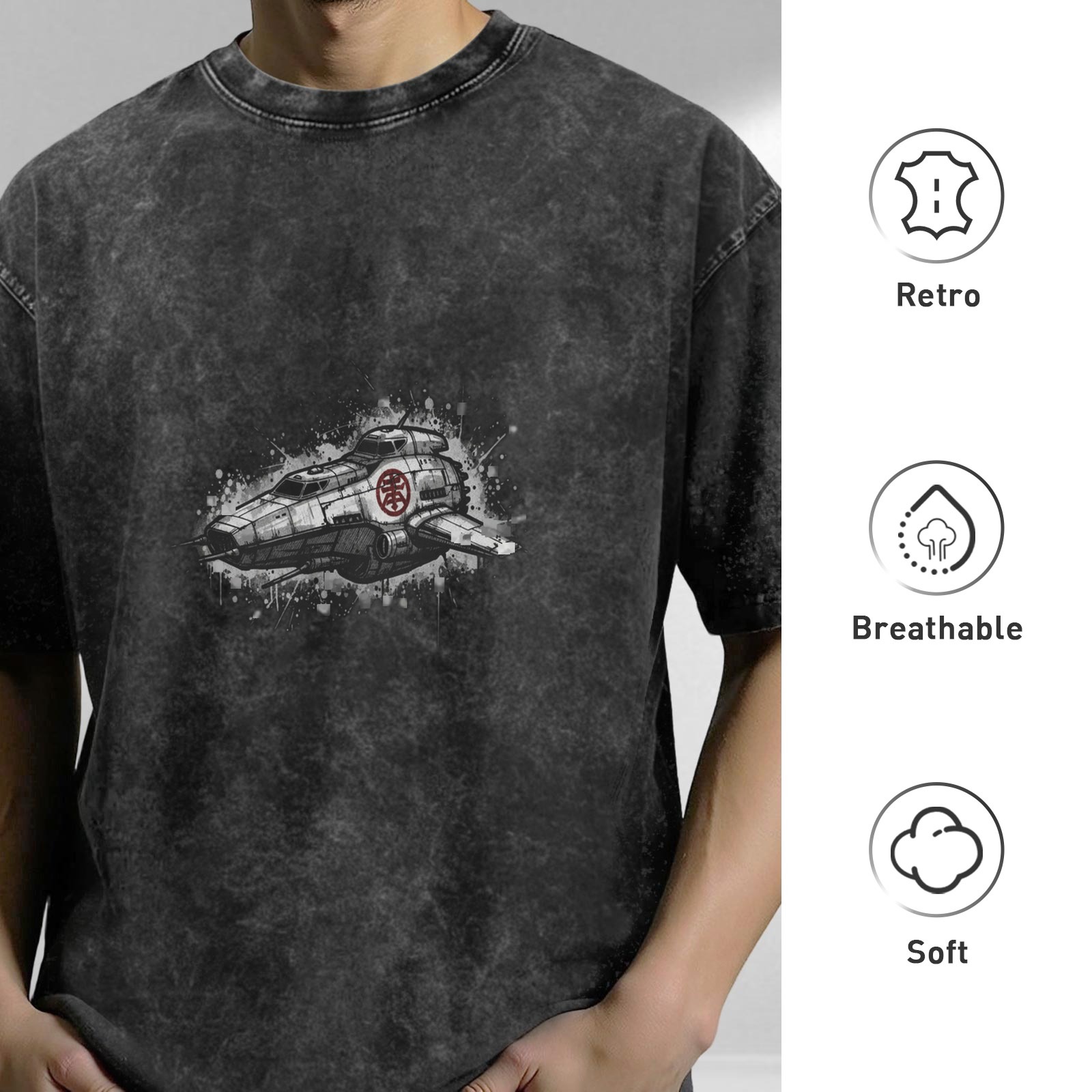 Washed Black Oversized T-Shirt With Sci-Fi Spaceship Graphic Print