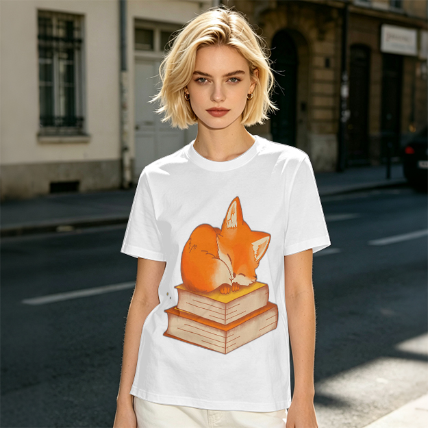 Olive T-Shirt With Sleeping Fox On Stacked Books Print