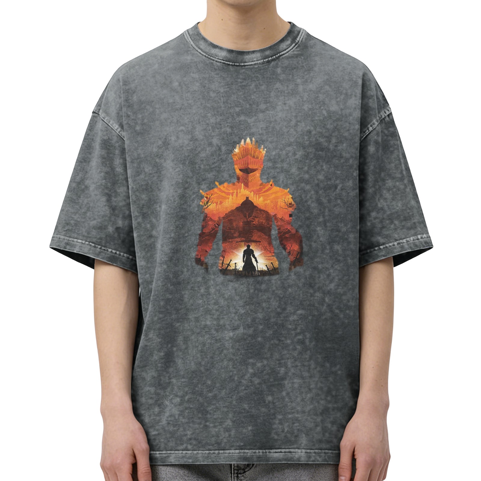 Distressed black short-sleeved T-shirt, game-themed print, loose style