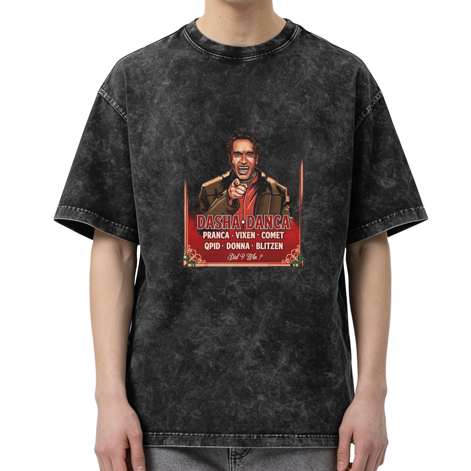 Oversized dark wash t-shirt with Dasha Danca reindeer names graphic