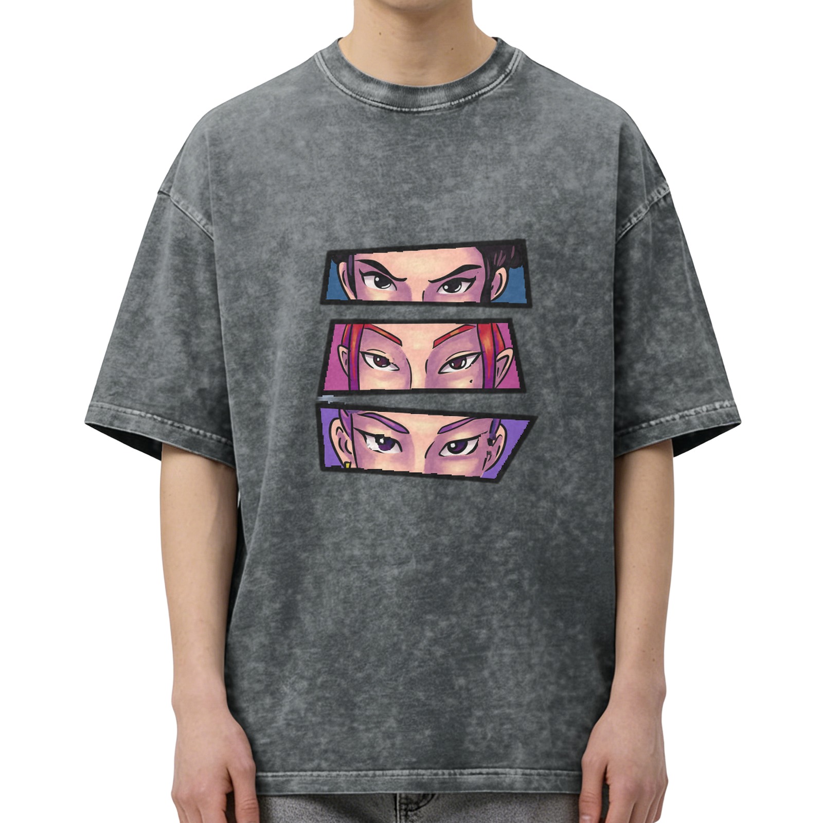 Oversized Acid Wash T-Shirt With Anime Eyes Graphic Print