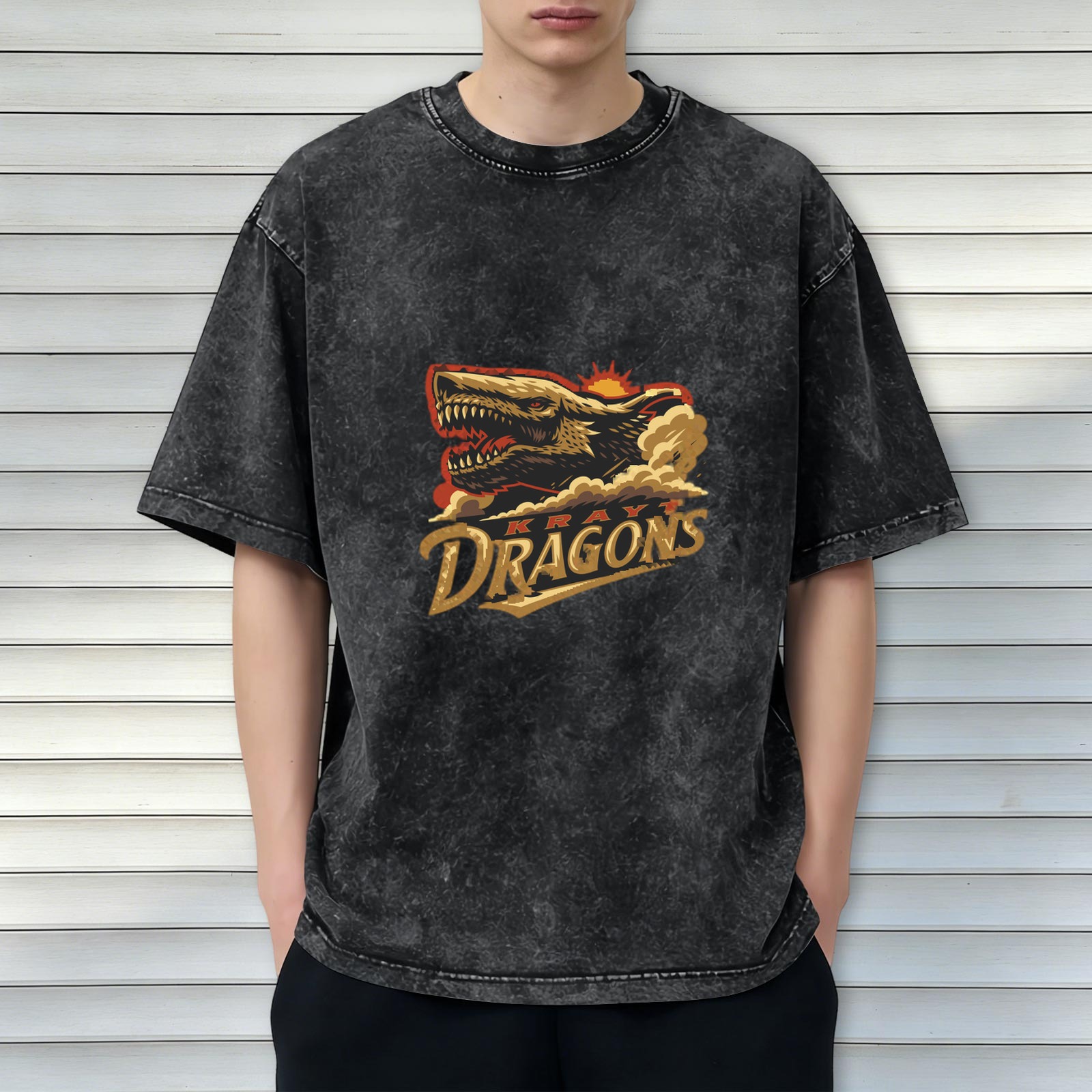 Oversized Acid Wash T-Shirt with Kray Dragons Graphic Print