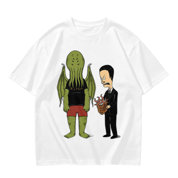 Olive T-Shirt Featuring Cthulhu and Beavis in Suits Graphic