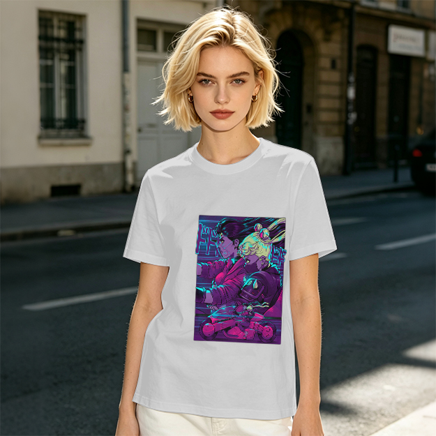 Olive T-shirt with Neon Cyberpunk Anime Character Print
