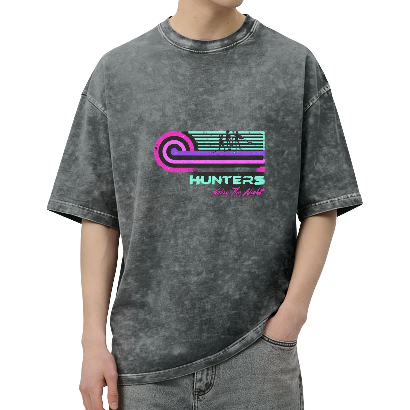 Washed Black T-Shirt with Retro Hunters Slay The Night Graphic