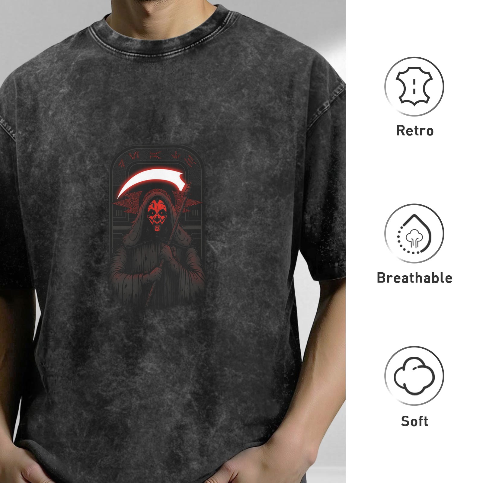 Oversized Acid Wash T-Shirt With Red Grim Reaper Graphic