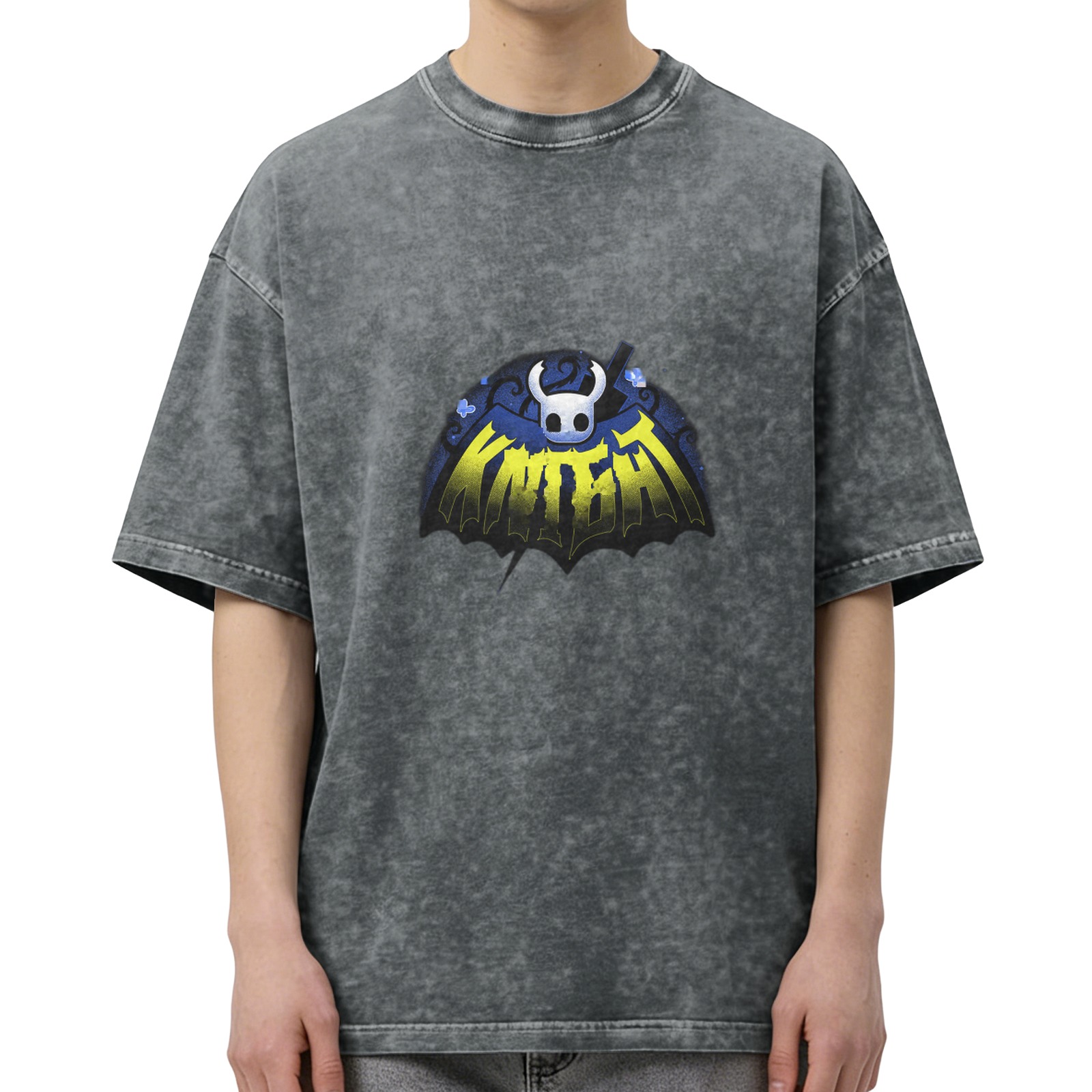 Oversized Dark Wash T-Shirt With Hollow Knight Graphic Print