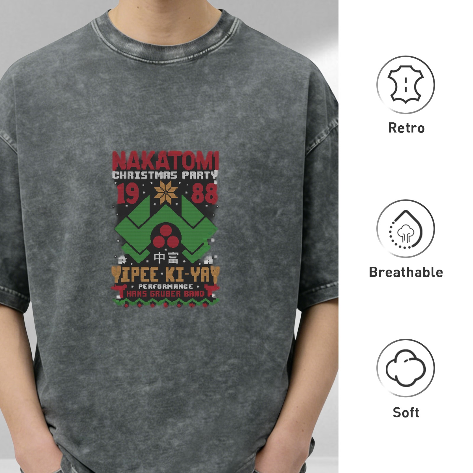 Nakatomi Christmas Party 1988 Yipee Ki-Yay Hans Gruber Band Oversized Stone Wash T-Shirt