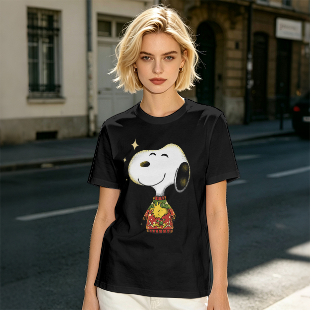 Olive T-shirt with Snoopy in Christmas Sweater Graphic