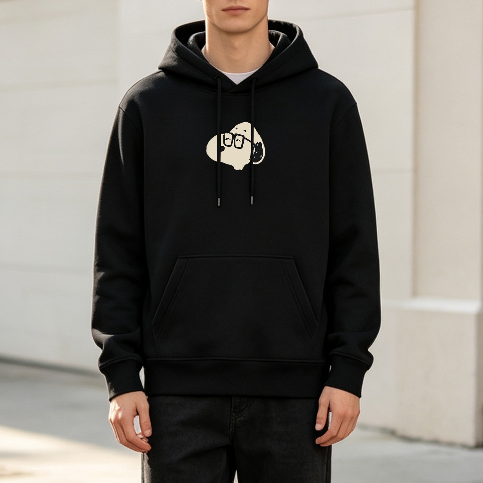 Black hoodie with Snoopy wearing glasses graphic