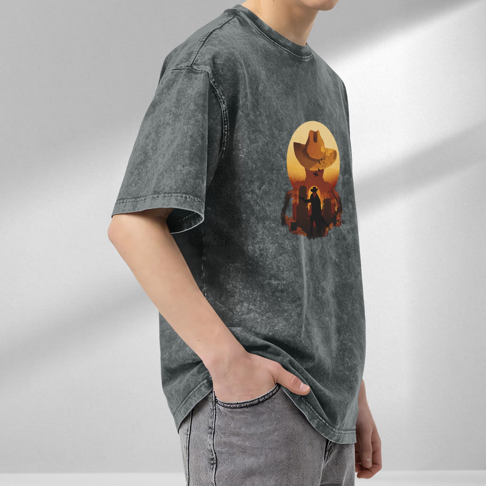 Washed Black Western Cowboy Graphic Short Sleeve T-Shirt