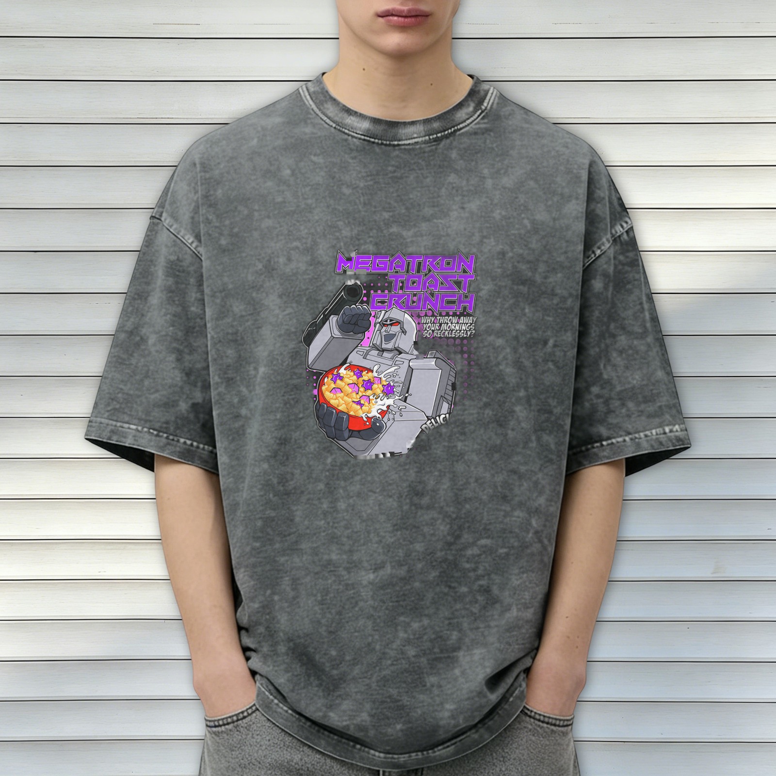 Oversized Acid Wash T-Shirt with Megatron Toast Crunch Graphic