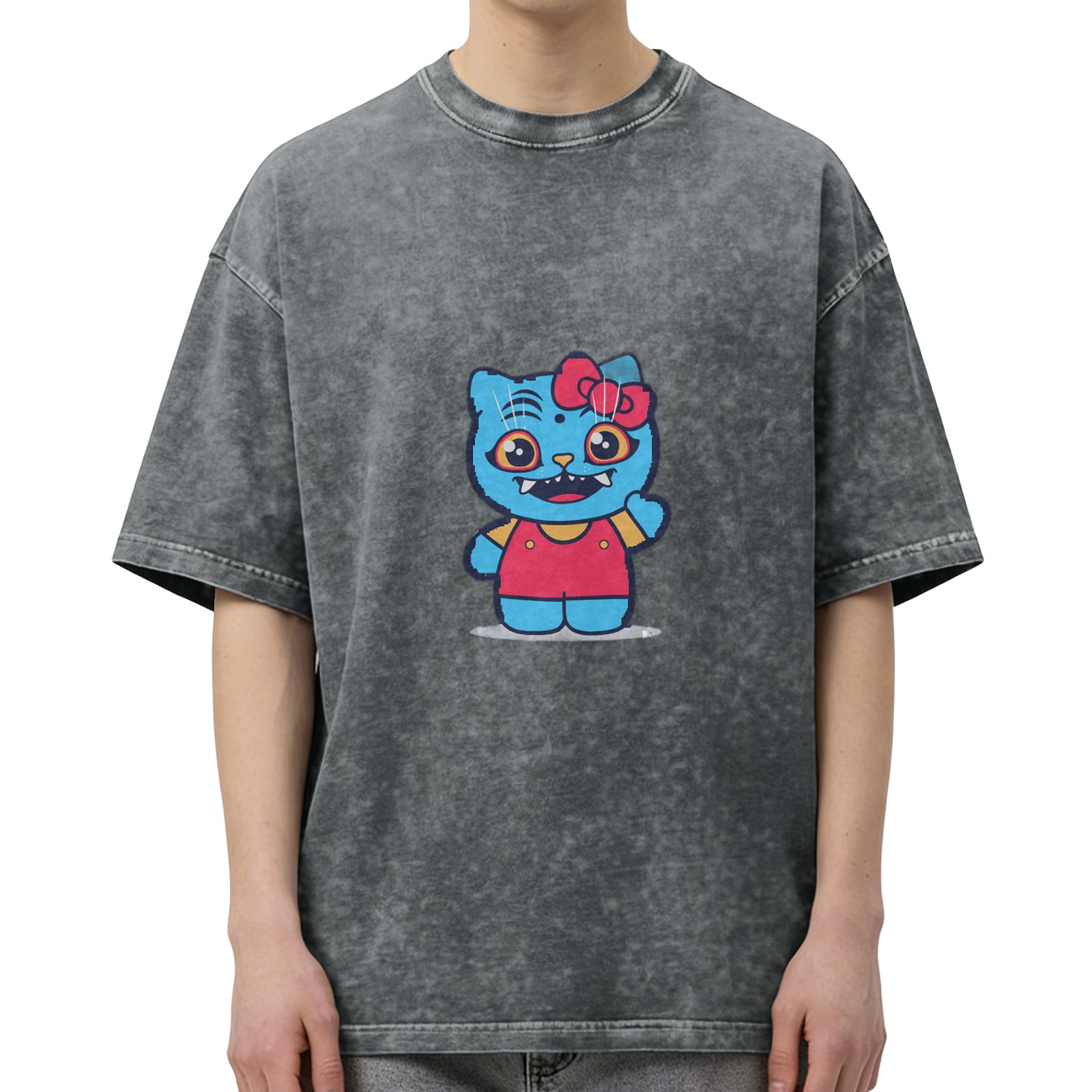 Oversized Acid Wash T-Shirt With Cute Blue Cat Graphic Print