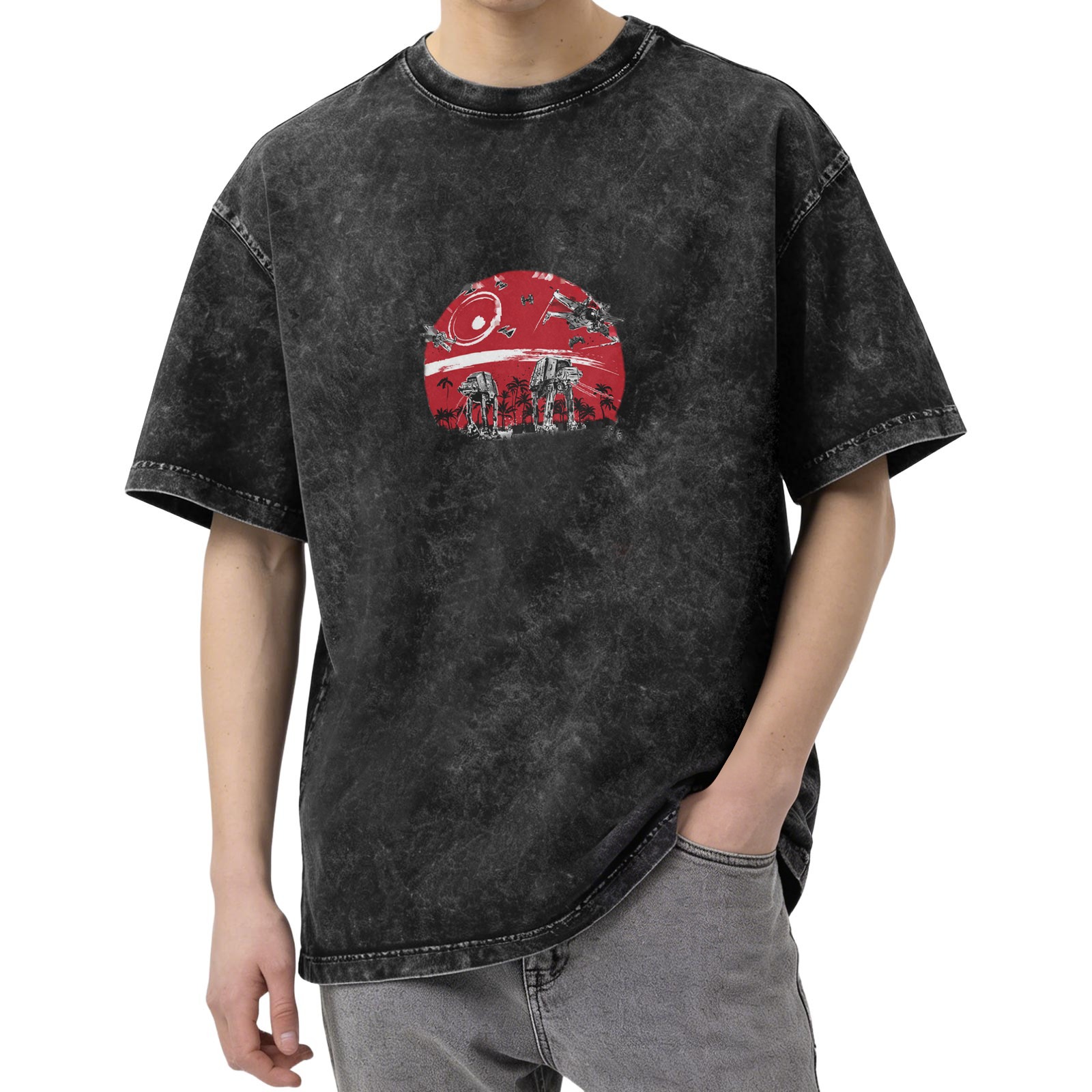 Washed Black Star Wars Graphic T-Shirt with Red Battle Scene Print
