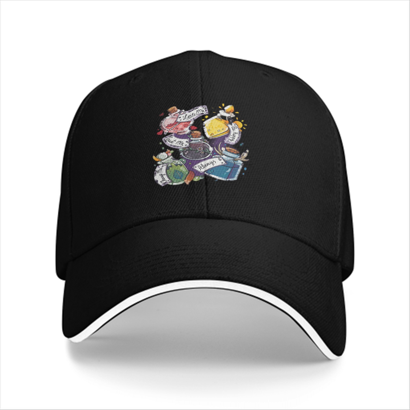 Black baseball cap with magical potion bottle graphic design