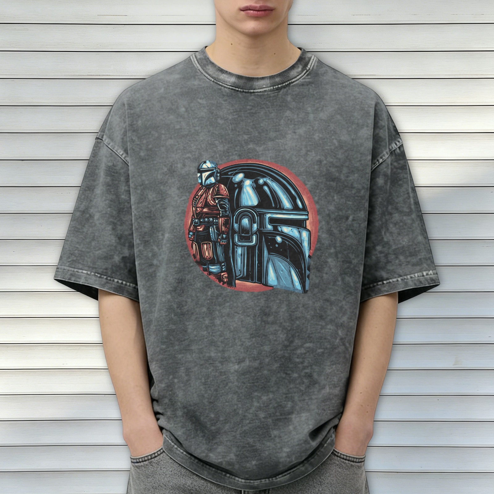 Washed Black T-Shirt With Mandalorian Helmet And Warrior Print
