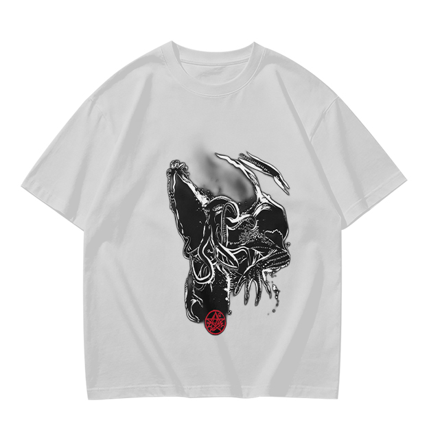 Olive T-Shirt With Dark Abstract Tentacle Creature Print