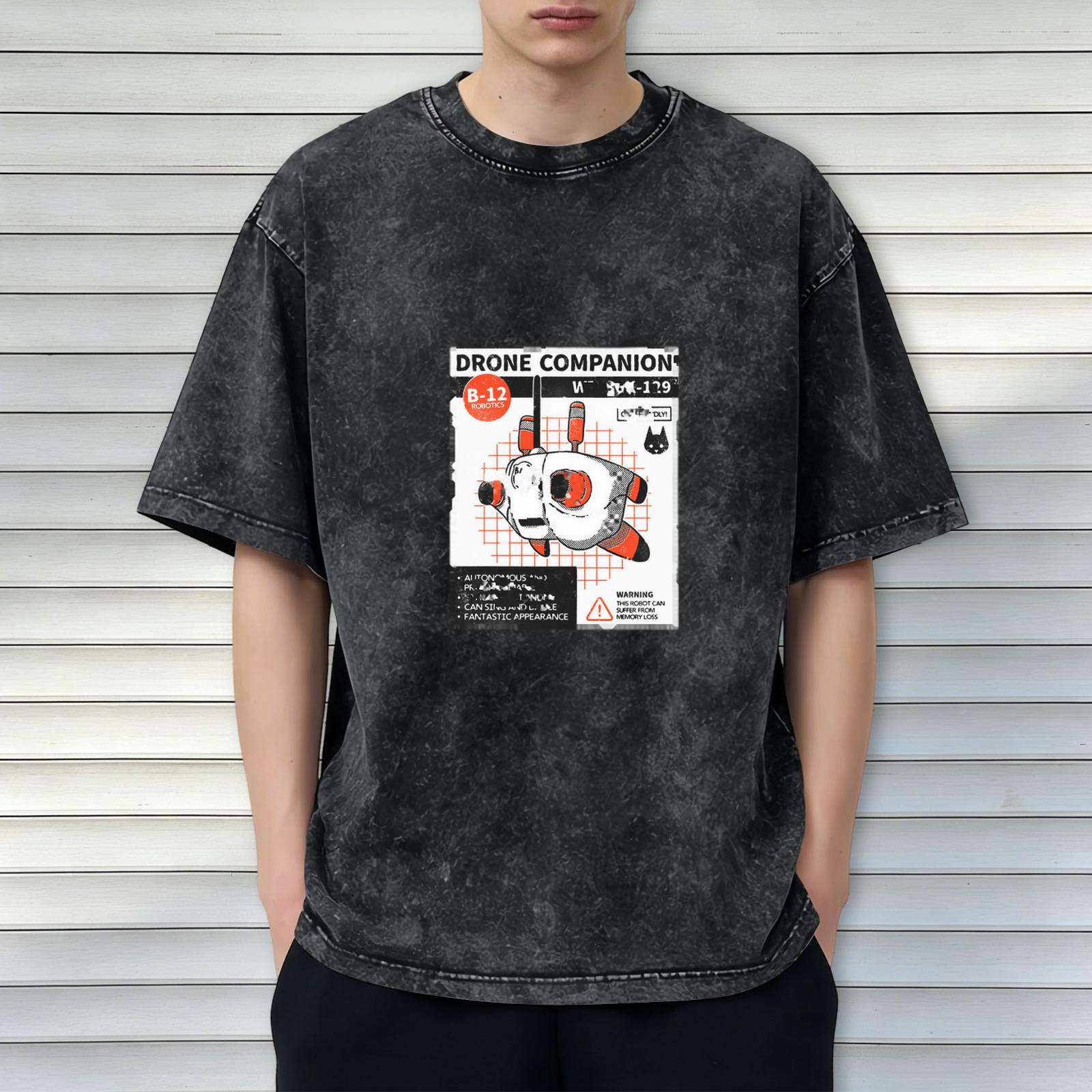 Oversized Black Stonewashed T-Shirt with Drone Companion Graphic Print