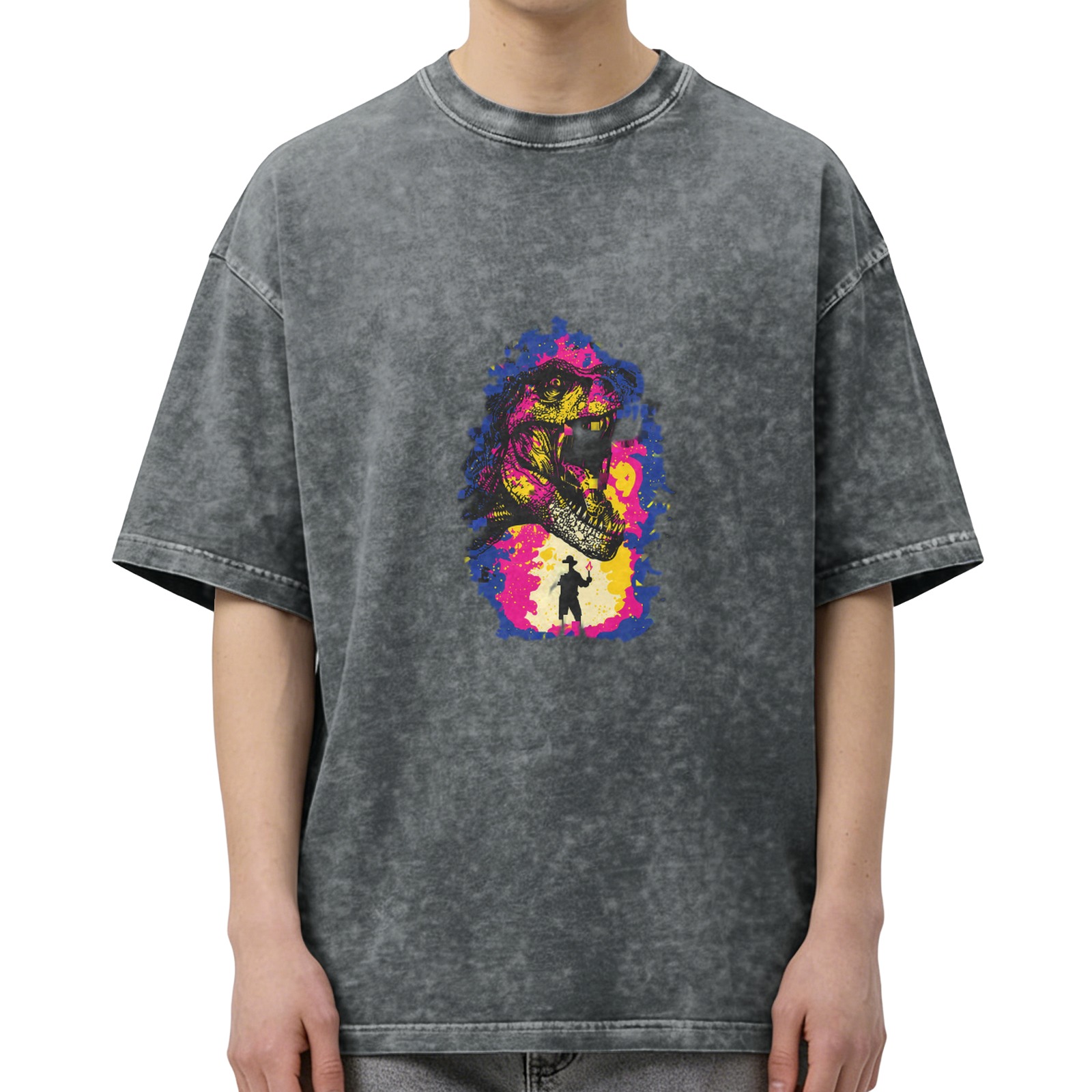 Washed Black Oversized T-Shirt with Dinosaur Cowboy Graphic