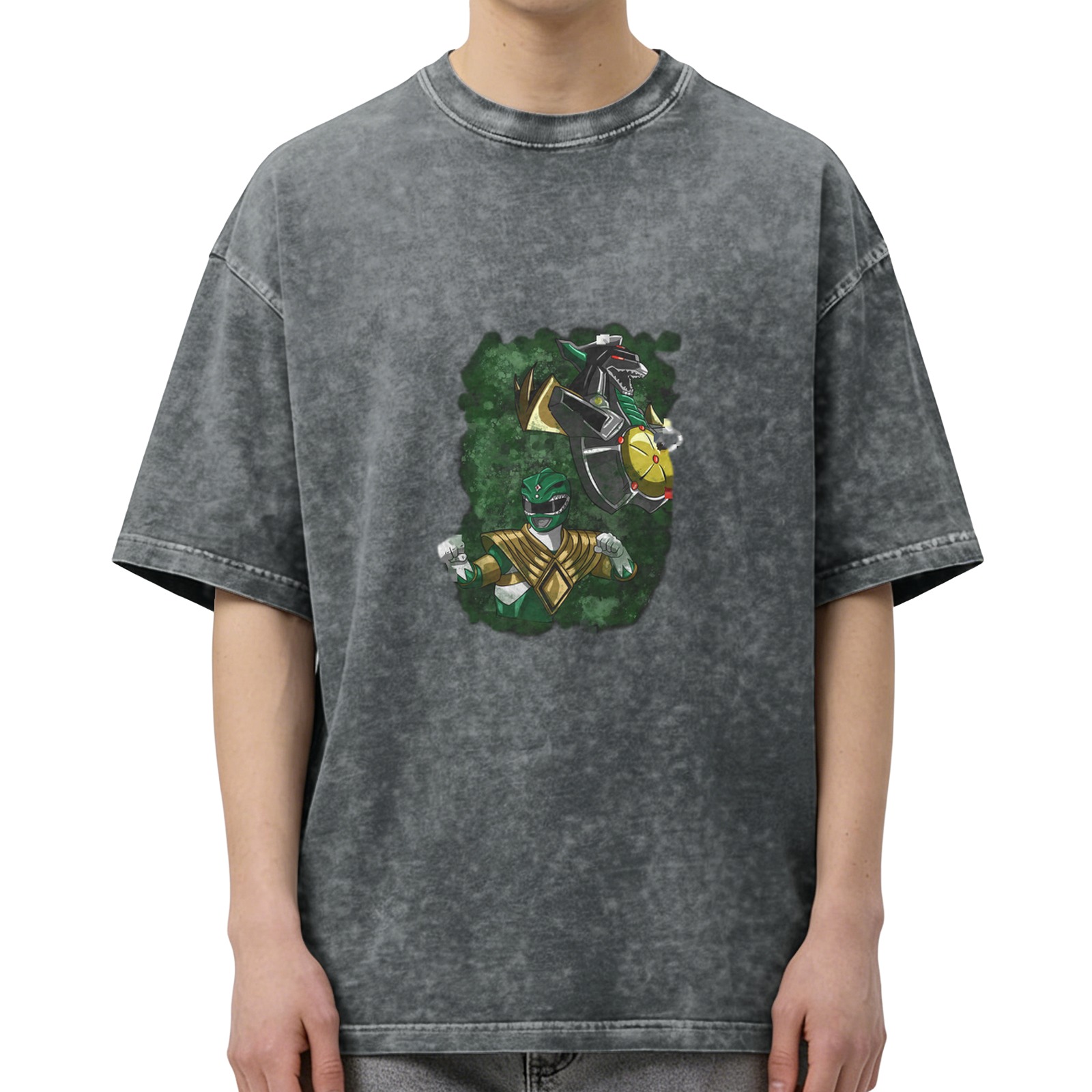Oversized Stonewashed T-Shirt with Green Ranger Dragonzord Graphic