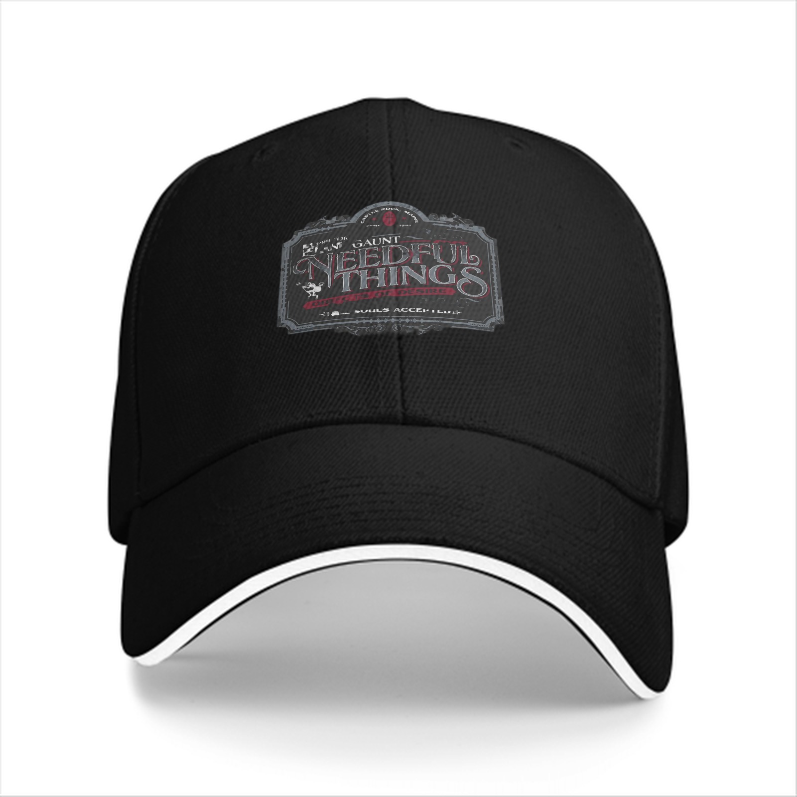 Black baseball cap with Needful Things themed graphic