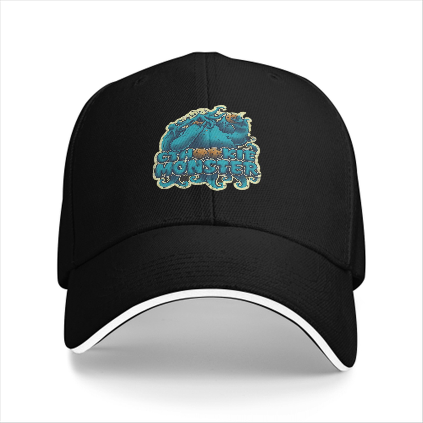 Black baseball cap with Cookie Monster themed graphic print
