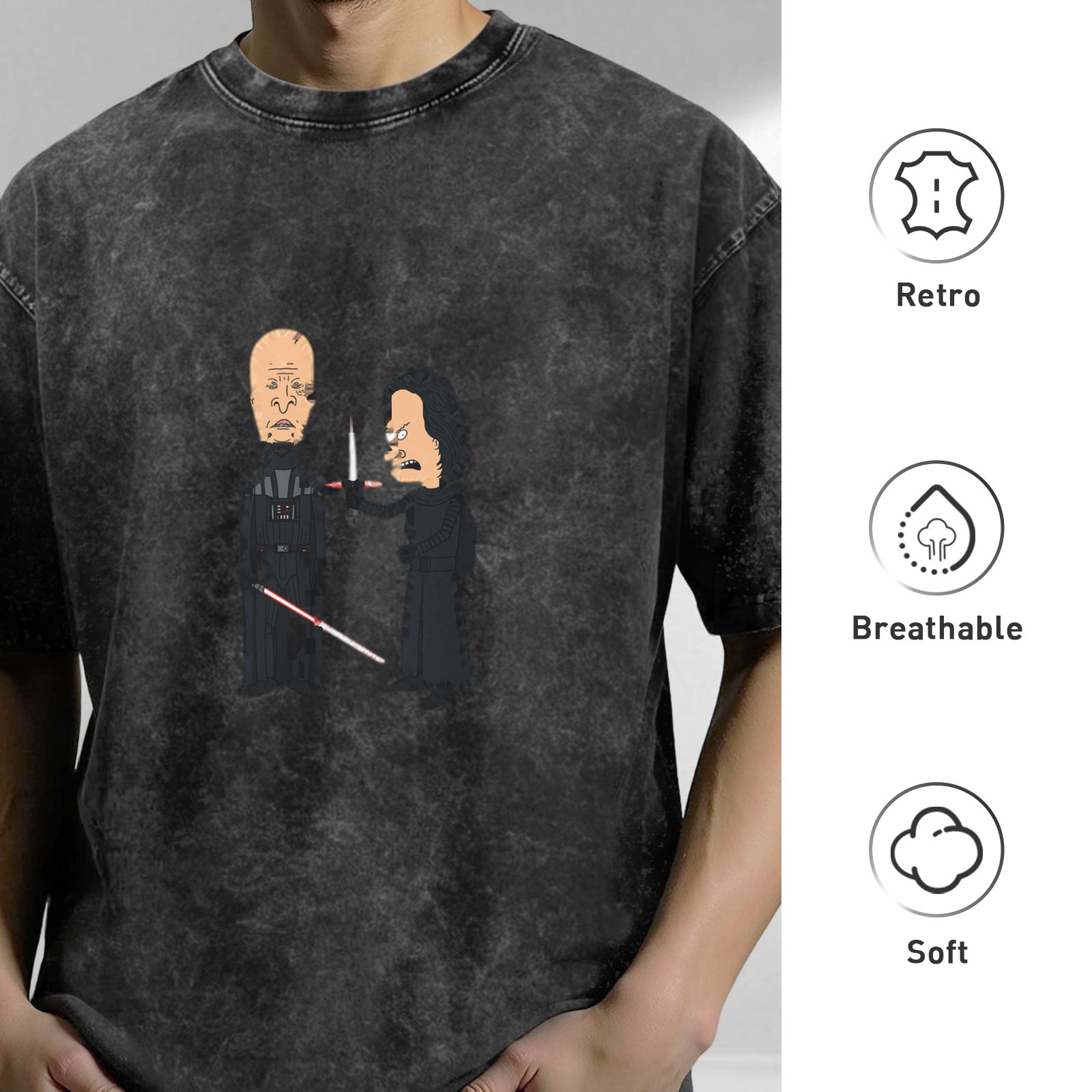 Washed black t-shirt with Beavis and Butt-Head Star Wars Darth Vader vs Kylo Ren graphic