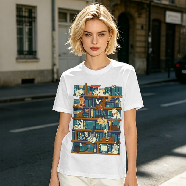 Olive t-shirt with playful cats on a bookshelf graphic