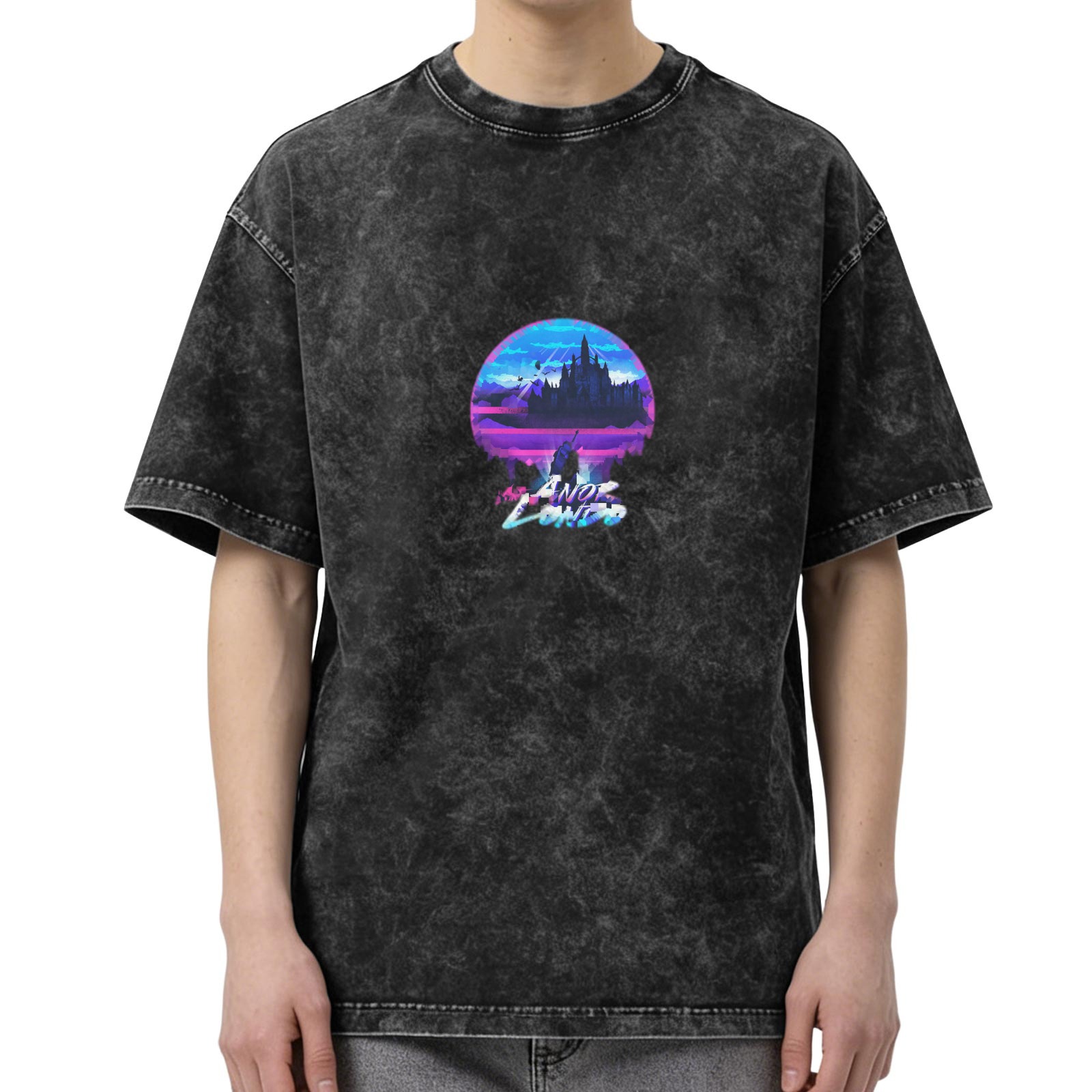 Distressed washed black round neck short-sleeved T-shirt Retro style Anor Londo printed loose top