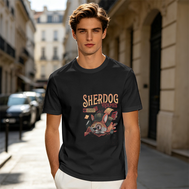 Olive T-Shirt with Sherdog Holmes Detective Dog Graphic Print