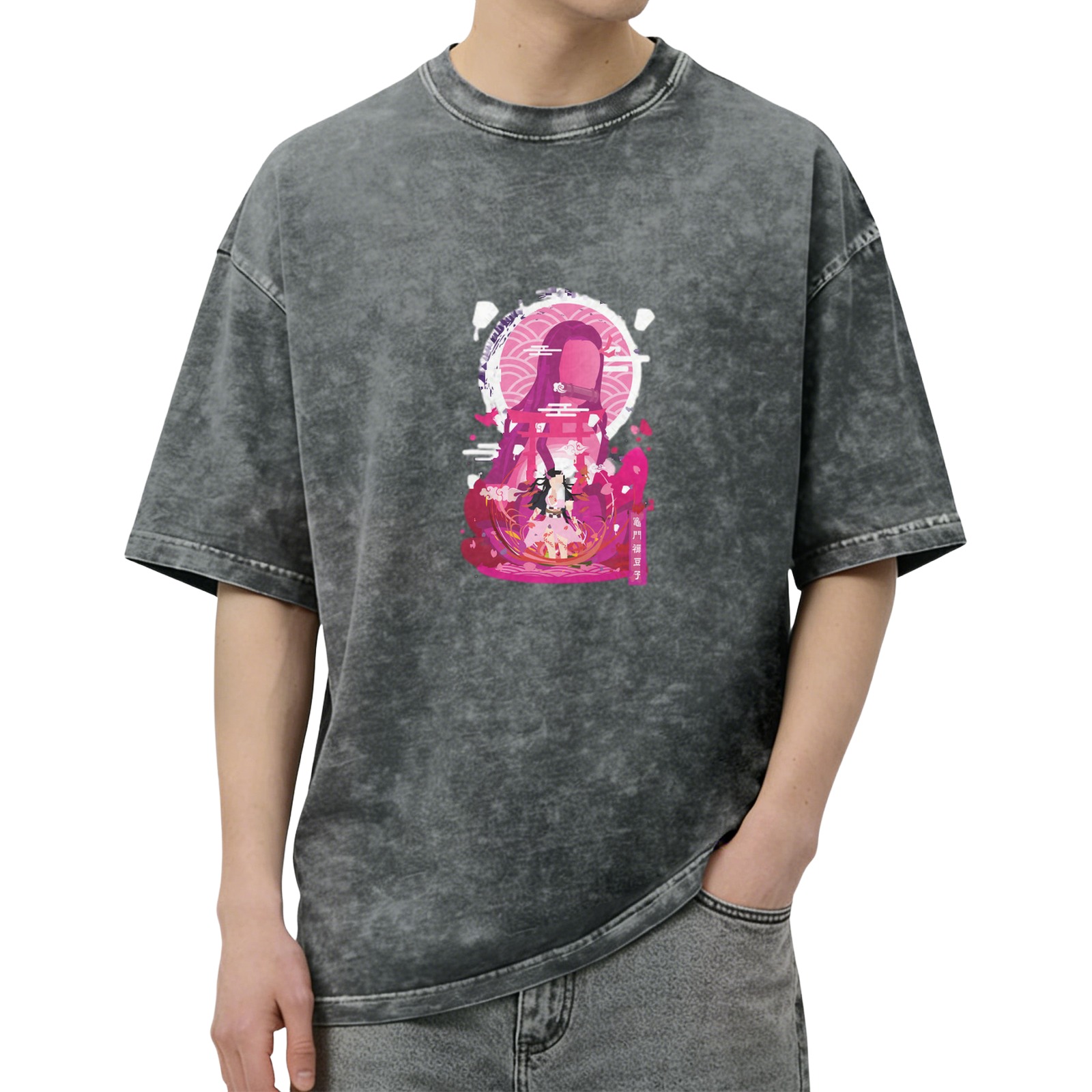 Demon Slayer: Kimetsu no Yaiba Nezuko themed old washed black loose short-sleeved T-shirt