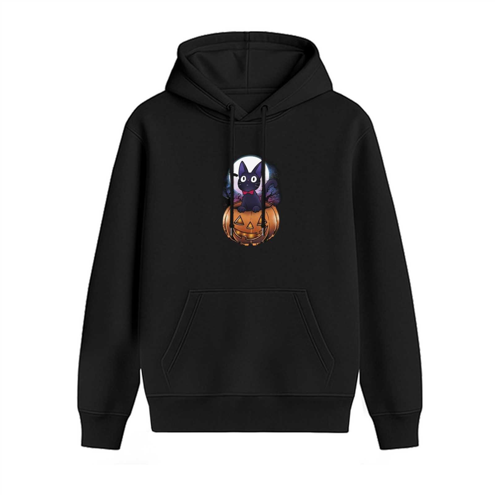 Black hoodie with black cat in jack-o'-lantern Halloween print