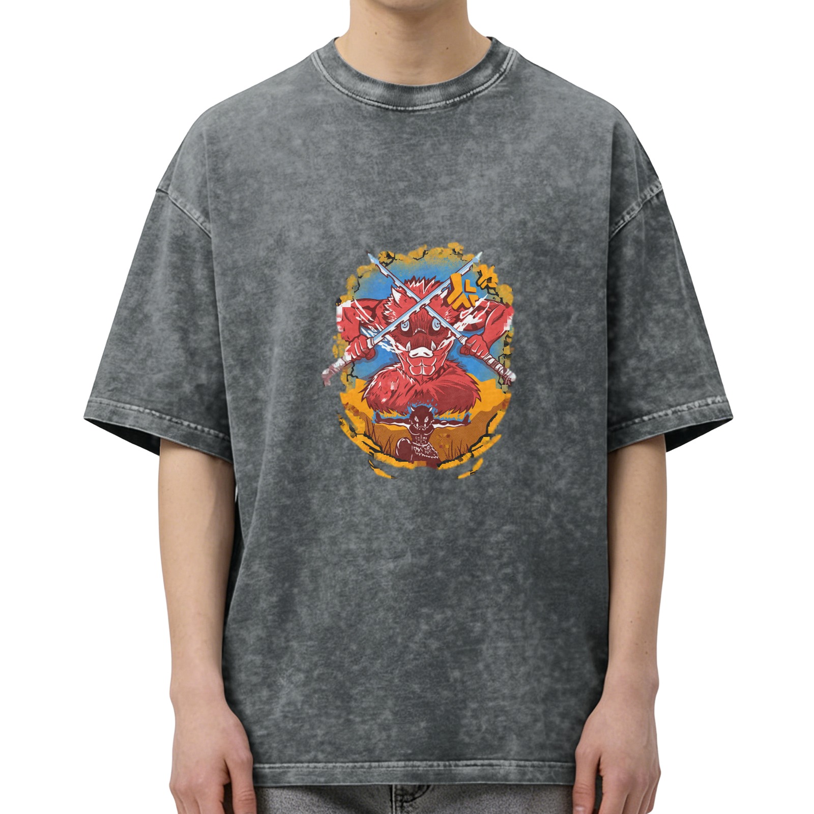 Oversized Acid Wash T-Shirt With Anime Demon Slayer Graphic Print