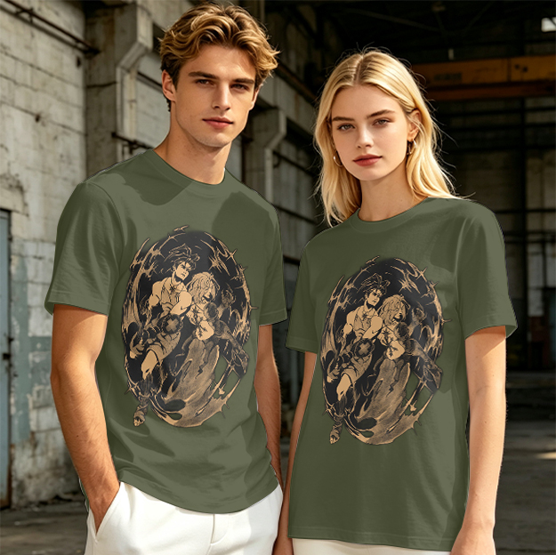Olive Graphic Tee with Dynamic Anime Character Art Print