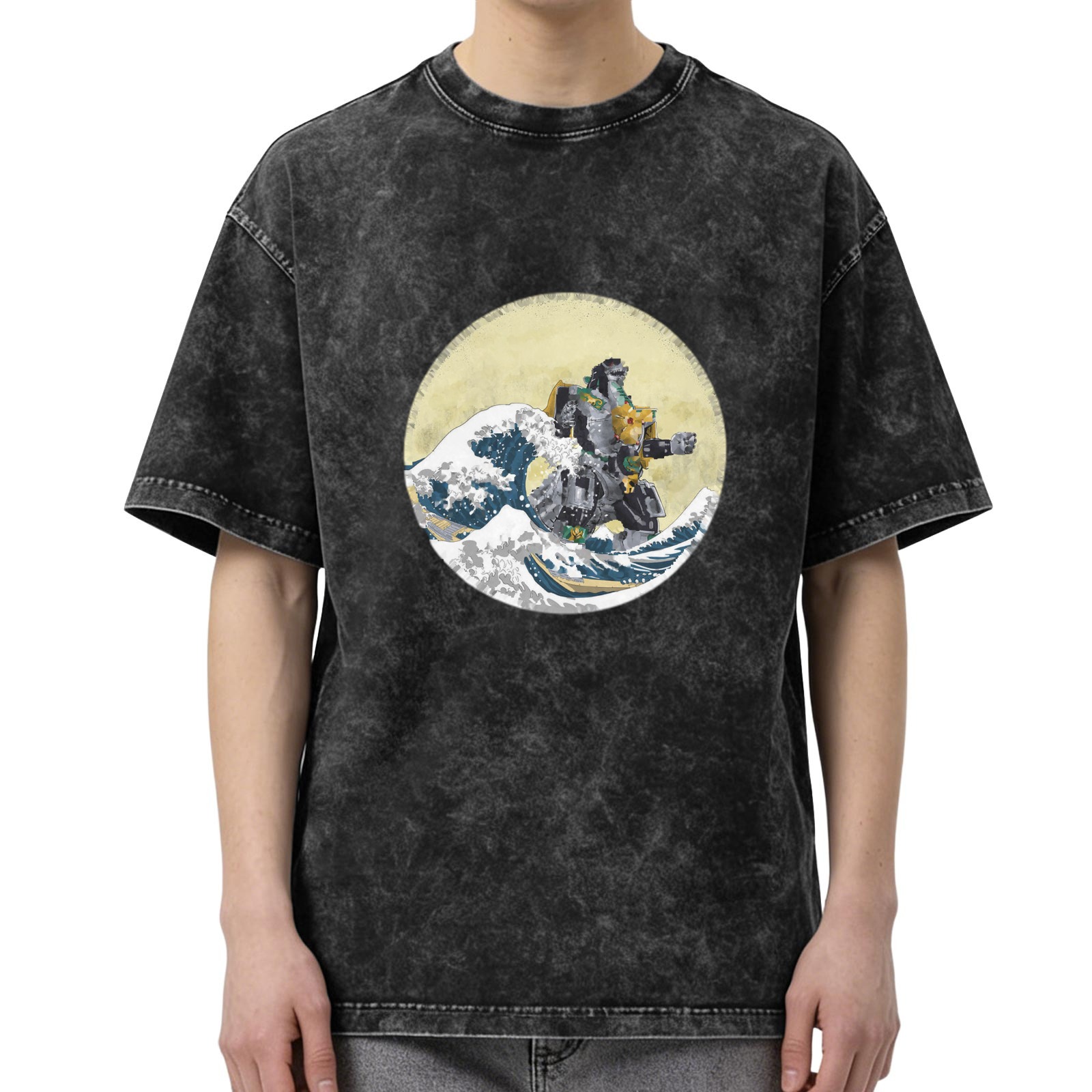 Oversized Acid Wash T-Shirt with Great Wave of Kanagawa x Mecha Robot Graphic Print