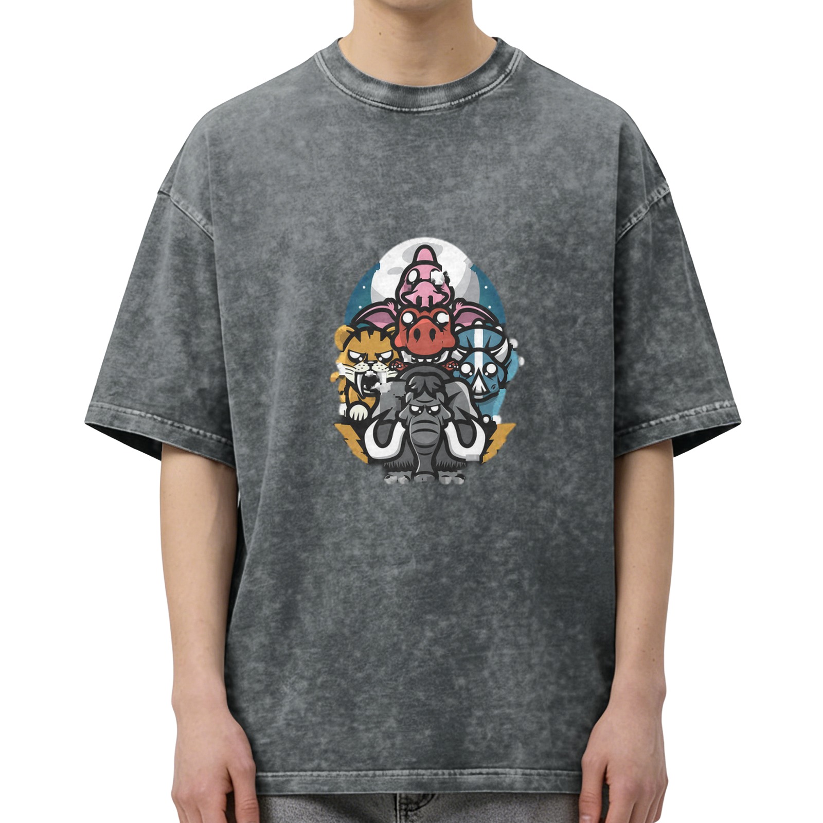oversized acid wash t-shirt with cartoon prehistoric animal graphic