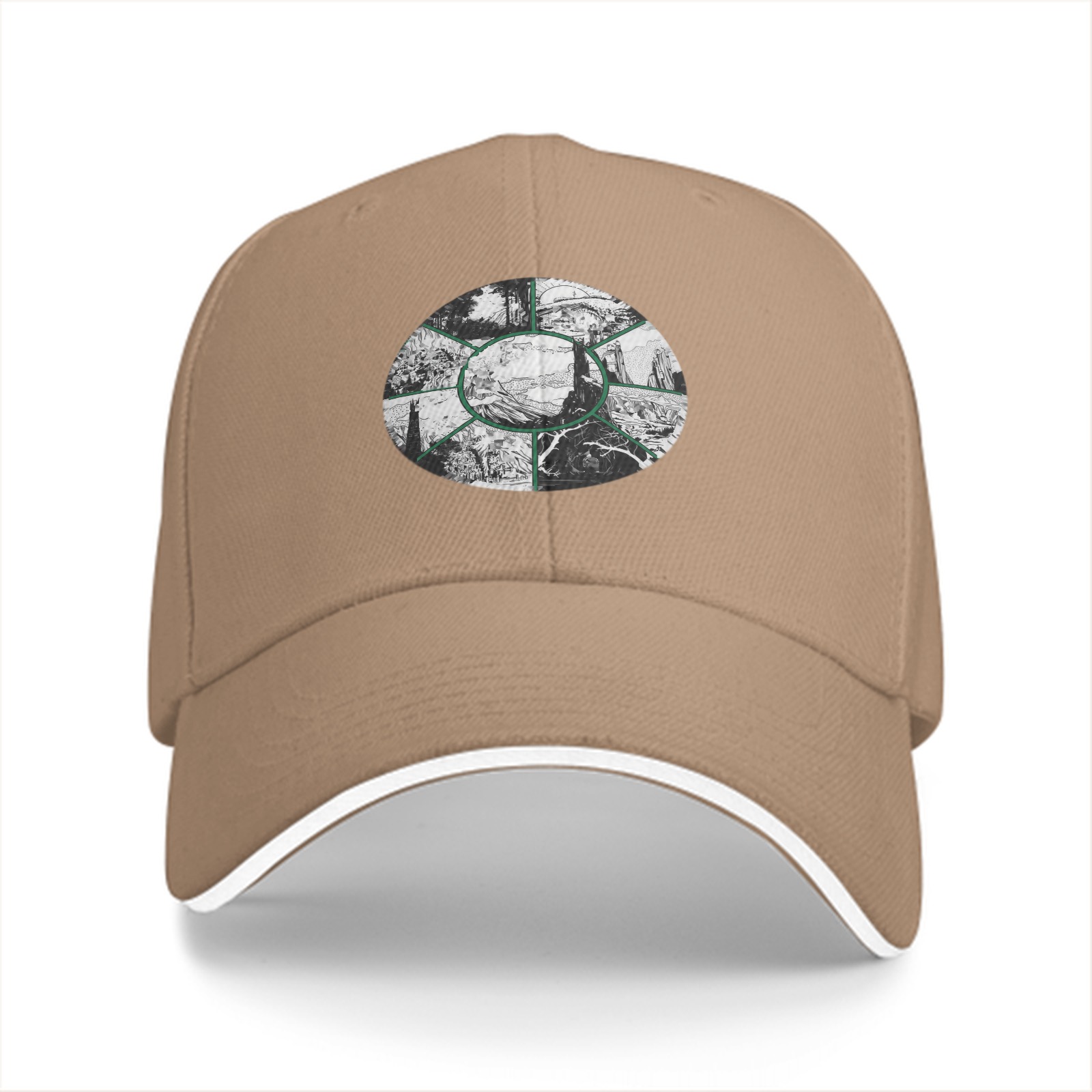 Black Baseball Cap With Circular Nature Landscape Graphic