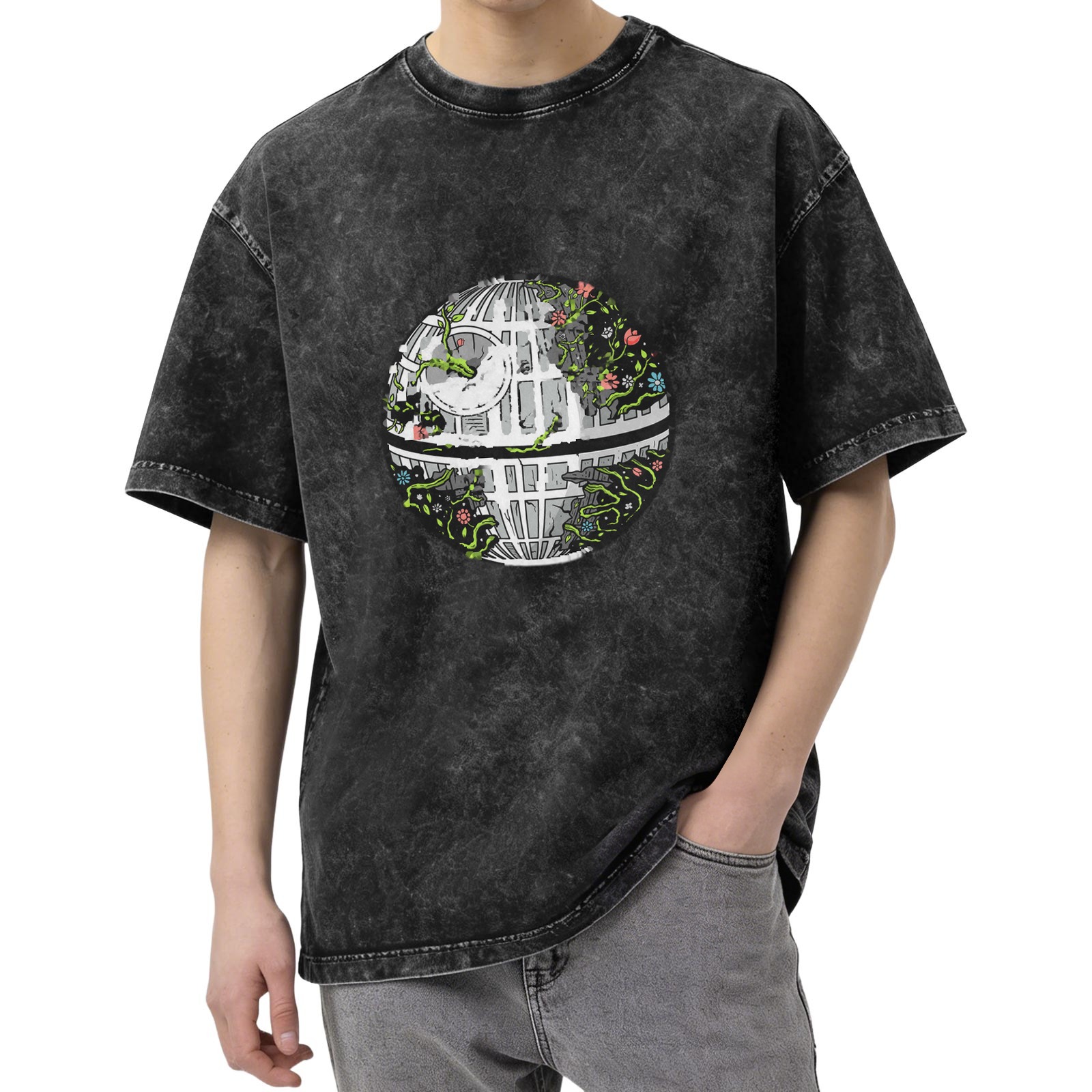 Oversized Acid Wash T-Shirt with Overgrown Death Star Graphic