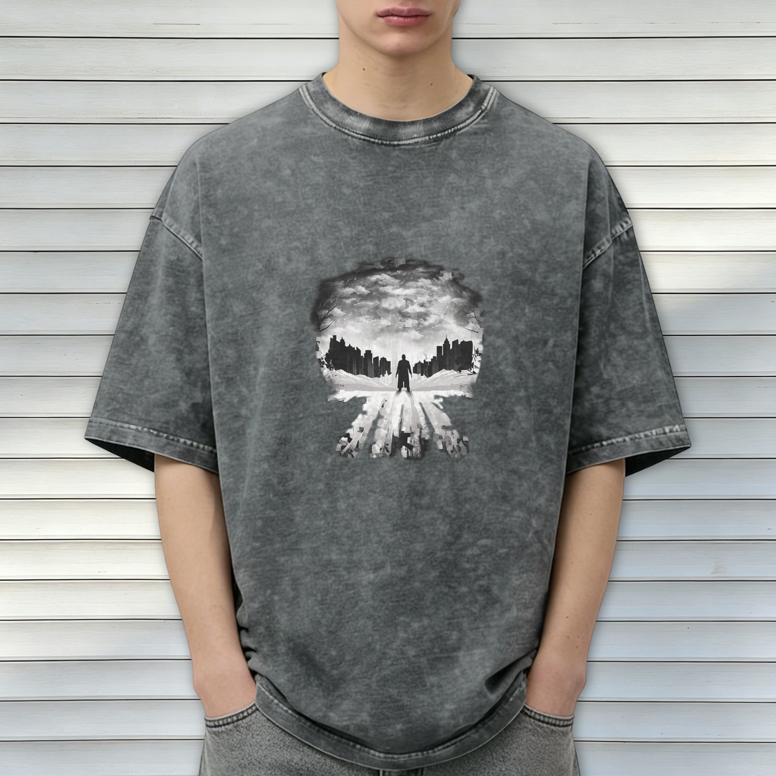 Oversized Acid Wash T-Shirt With Skull Silhouette Cityscape Graphic