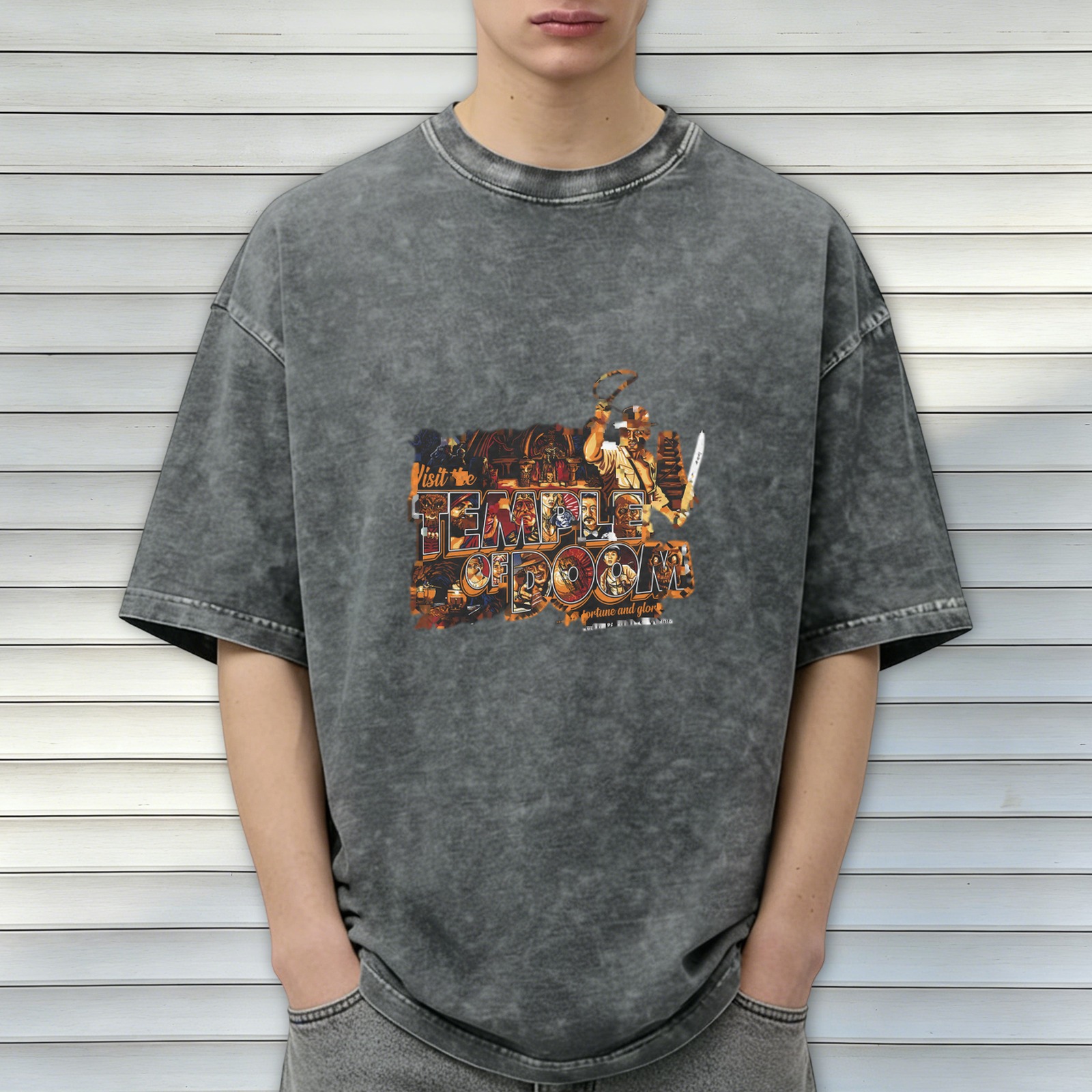 Washed Black Graphic Tee Featuring Temple of Doom Adventure Design