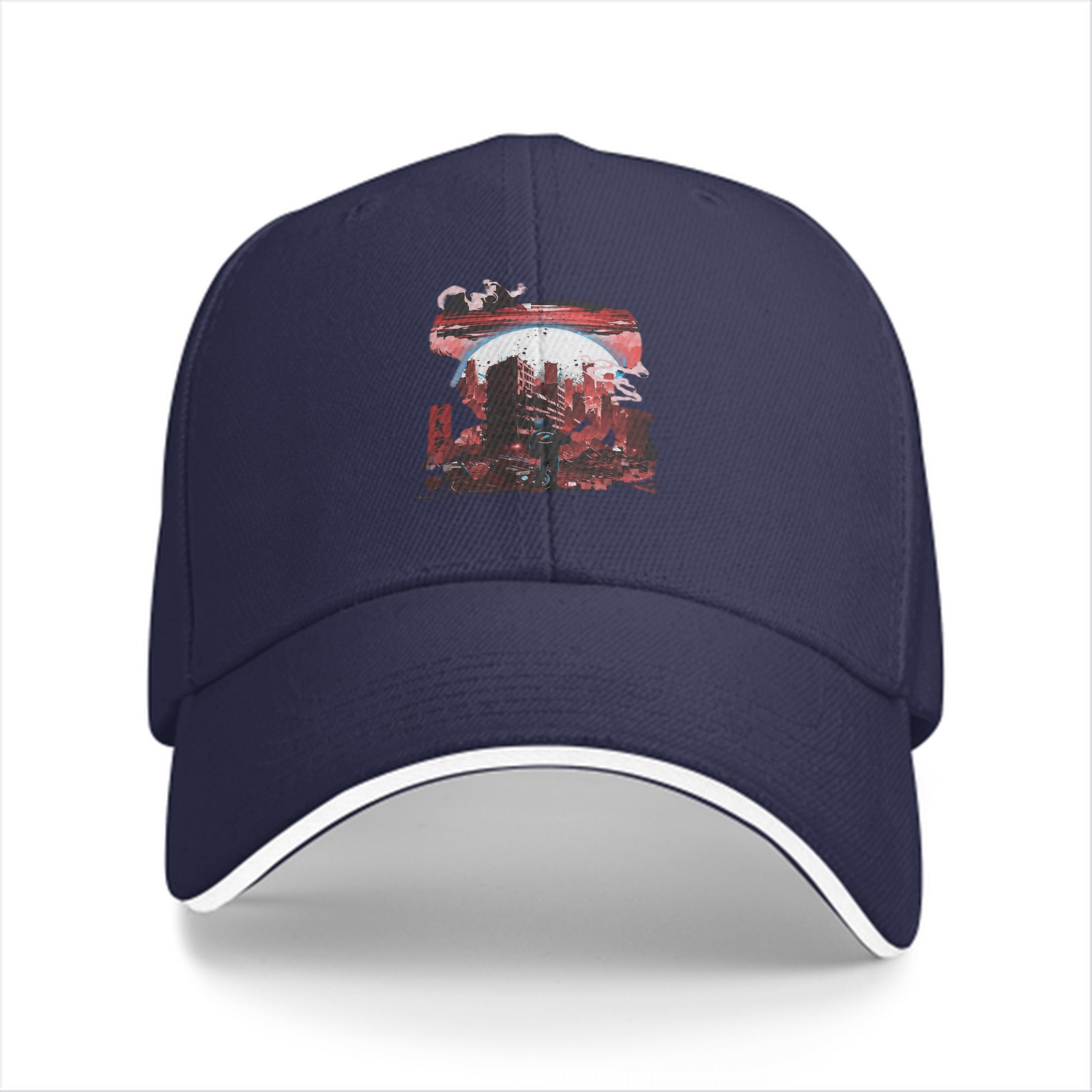 Black Baseball Cap with Abstract Red Cityscape Print
