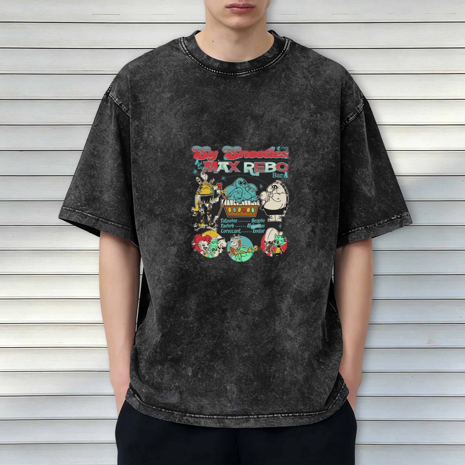 Retro washed black short-sleeved T-shirt Star Wars themed Max Rebo band printed distressed top