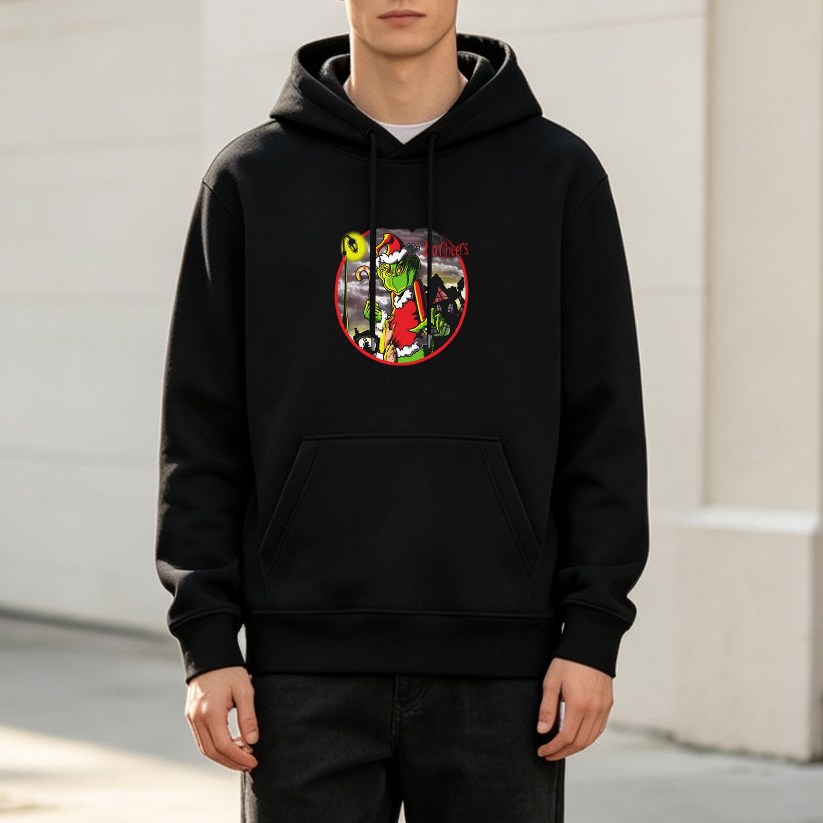 Black hoodie with Grinch in Santa costume festive graphic