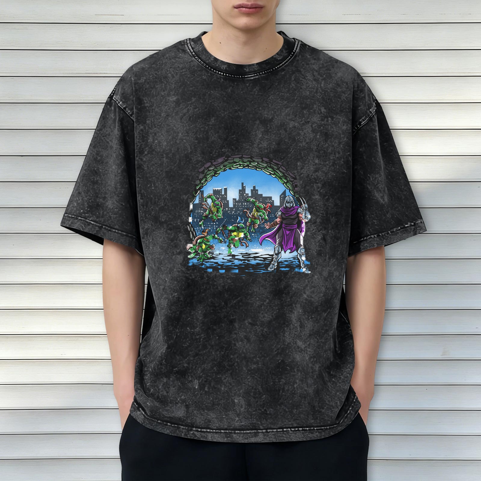 Washed Black T-Shirt with Teenage Mutant Ninja Turtles vs Shredder Graphic