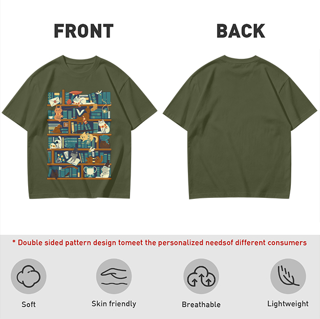 Olive t-shirt with playful cats on a bookshelf graphic