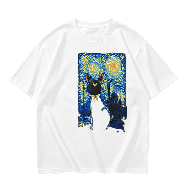 Olive T-Shirt with Starry Night Cat Art Print